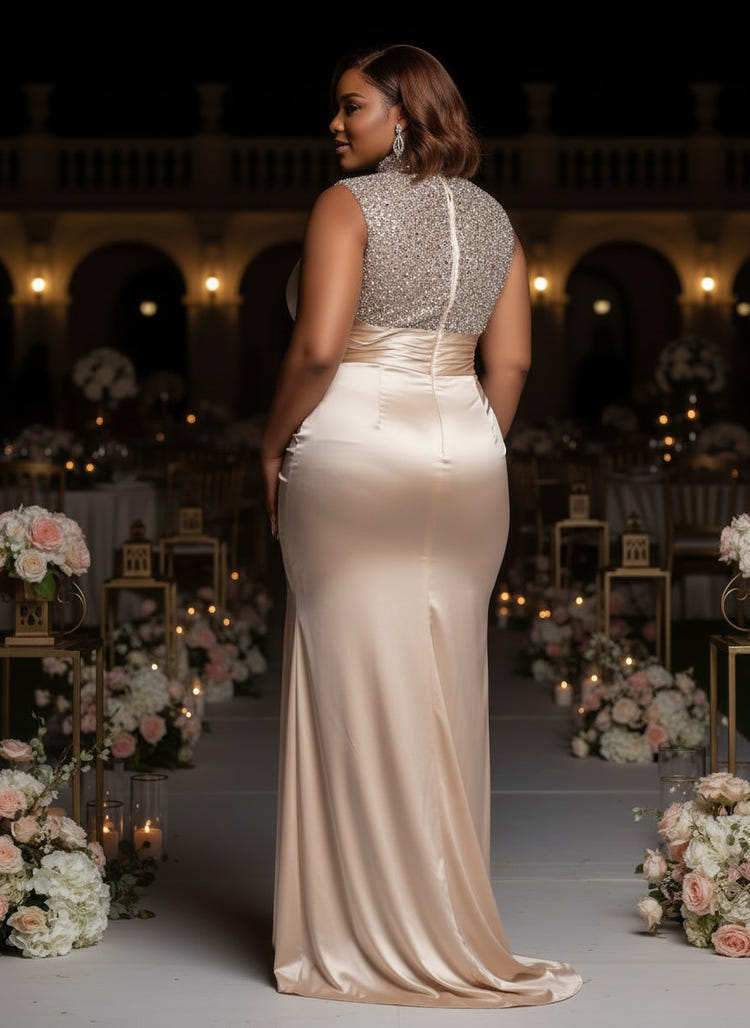 Satin Mermaid High Neck Plus Size Dresses with Sequin