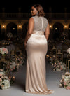 Satin Mermaid High Neck Plus Size Dresses with Sequin