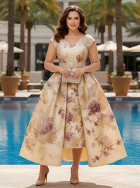 Jacquard High Low V Neck Pleated Plus Size Dresses