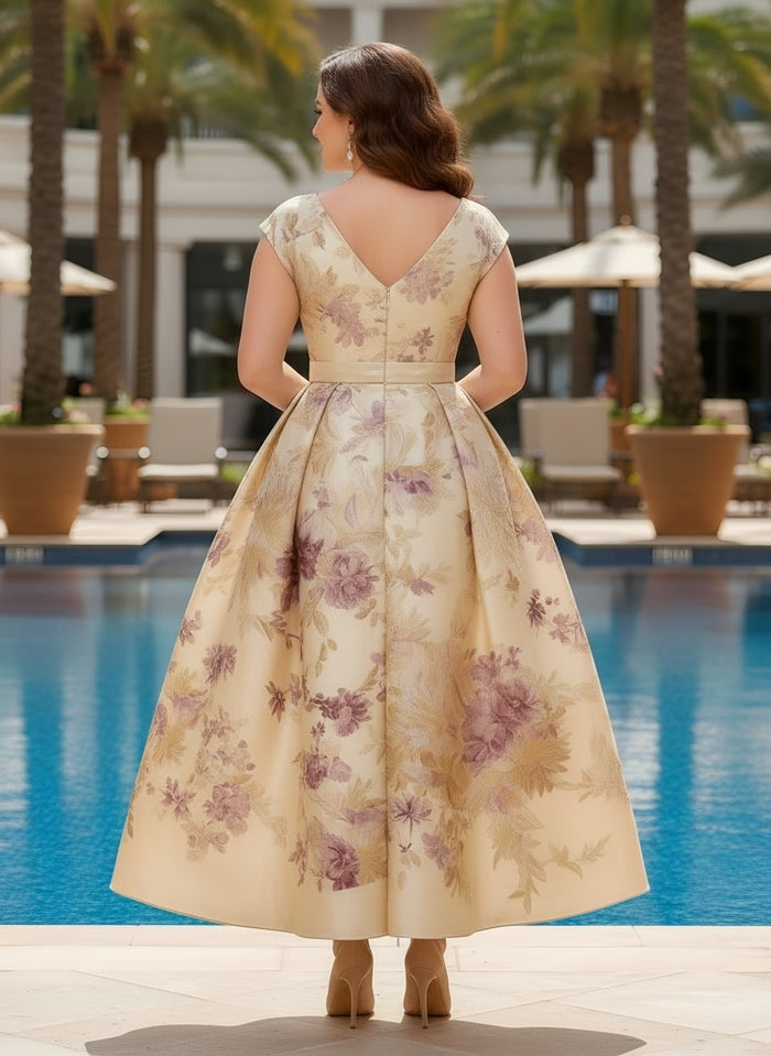 Jacquard High Low V Neck Pleated Plus Size Dresses
