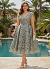 Tulle A-Line V Neck Plus Size Dresses with Floral Embroidery
