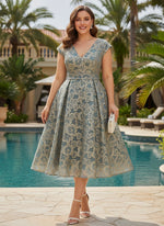Tulle A-Line V Neck Plus Size Dresses with Floral Embroidery