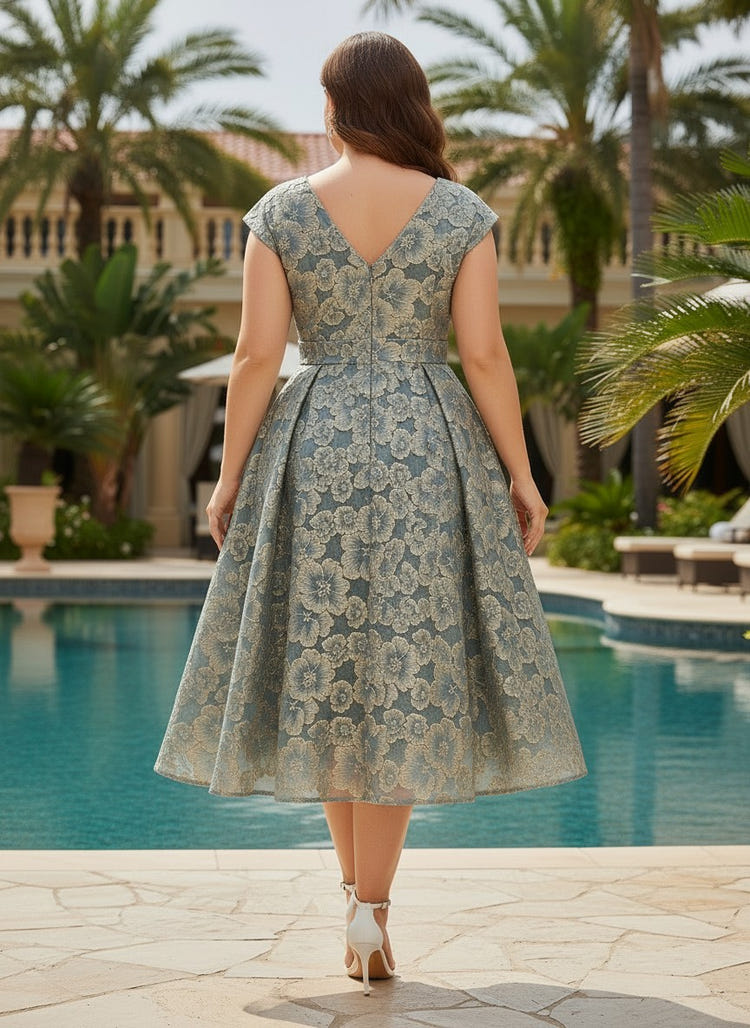 Tulle A-Line V Neck Plus Size Dresses with Floral Embroidery