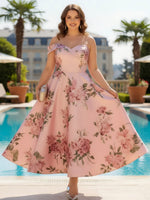 Satin A-Line Off the Shoulder Floral Print Plus Size Dresses