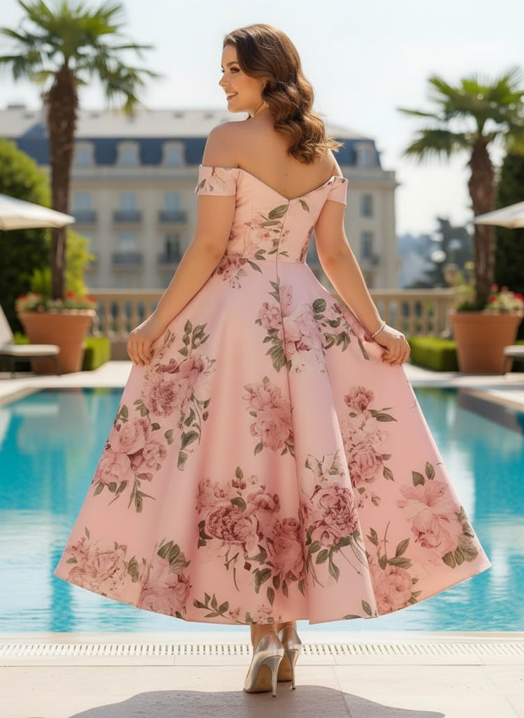 Satin A-Line Off the Shoulder Floral Print Plus Size Dresses