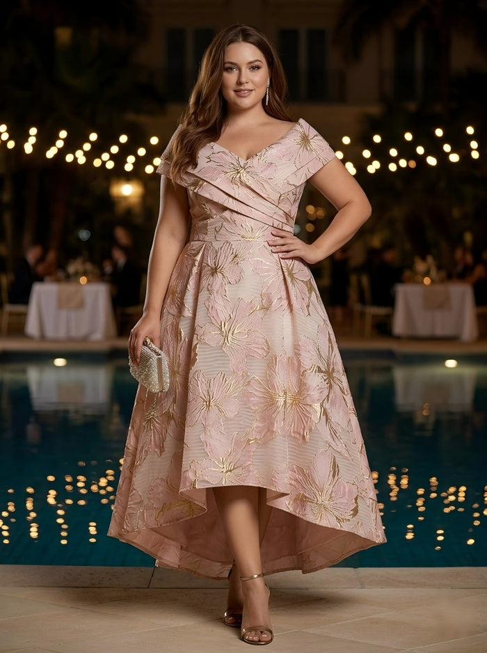Jacquard High Low V Neck Floral Plus Size Dresses