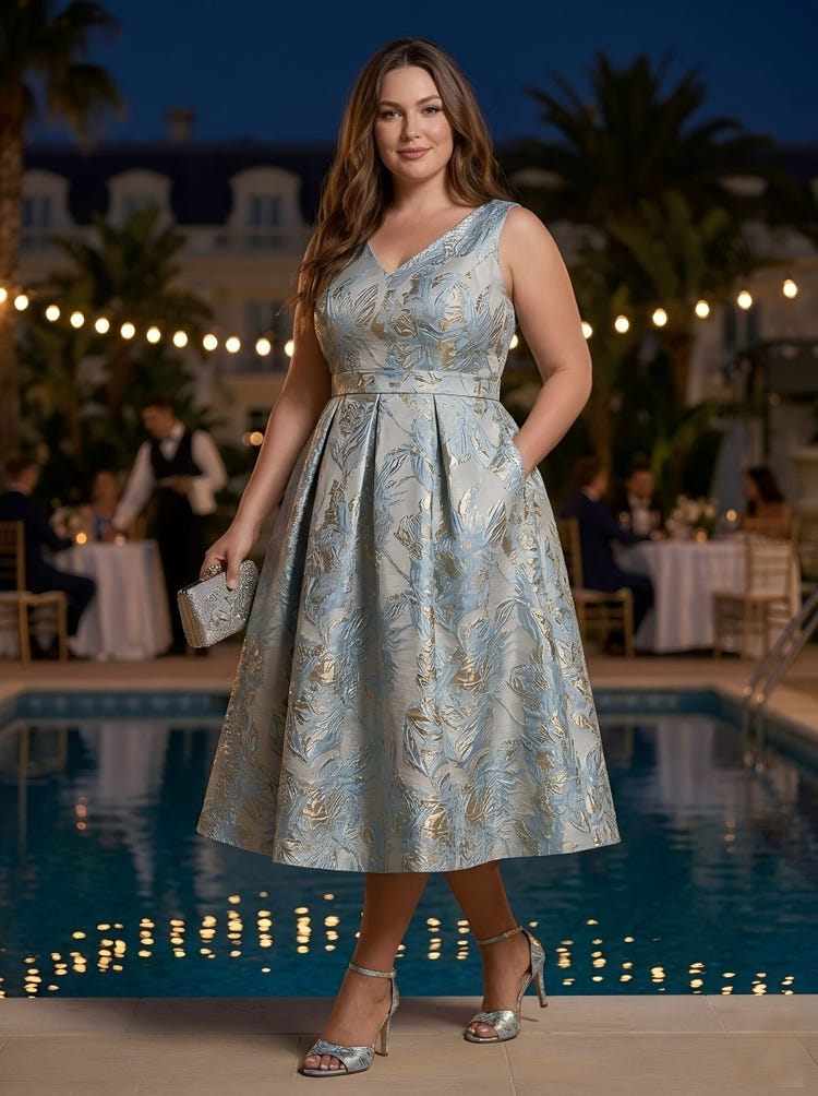 Jacquard A-Line V Neck Pleated Plus Size Dresses
