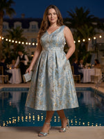 Jacquard A-Line V Neck Pleated Plus Size Dresses