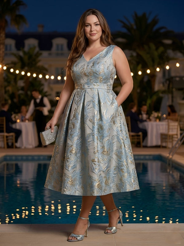Jacquard A-Line V Neck Pleated Plus Size Dresses