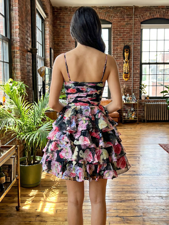 Chiffon A-Line Spaghetti Straps Floral Print Homecoming Dresses