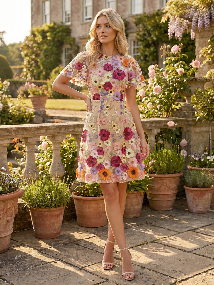 Tulle A-Line Crew Neck Homecoming Dresses with 3D Flowers