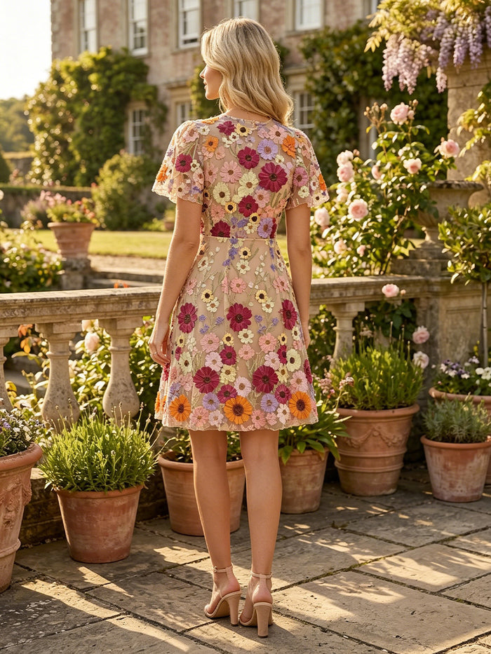 Tulle A-Line Crew Neck Homecoming Dresses with 3D Flowers