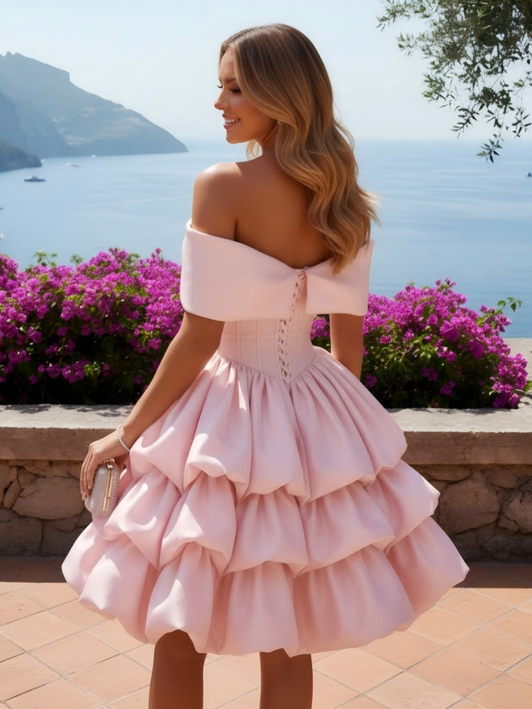 Satin A-Line Off the Shoulder Tiered Homecoming Dresses