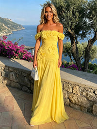 Chiffon A-Line Off the Shoulder Formal Dresses with 3D Flowers