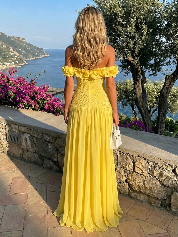 Formal Evening Yellow Off The Shoulder Ruched Chiffon 3D Floral Floor Length Maxi Gowns 2026 for Women Wedding Guest Dress
