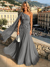 Chiffon A-Line One Shoulder Formal Dresses with 3D Flowers