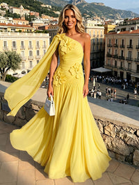 Chiffon A-Line One Shoulder Formal Dresses with 3D Flowers
