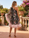 Satin A-Line One Shoulder Cocktail Dresses with Floral Embroidery