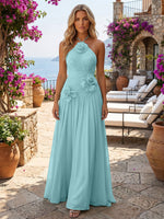 Chiffon A-Line Halter Formal Dresses with 3D Flowers