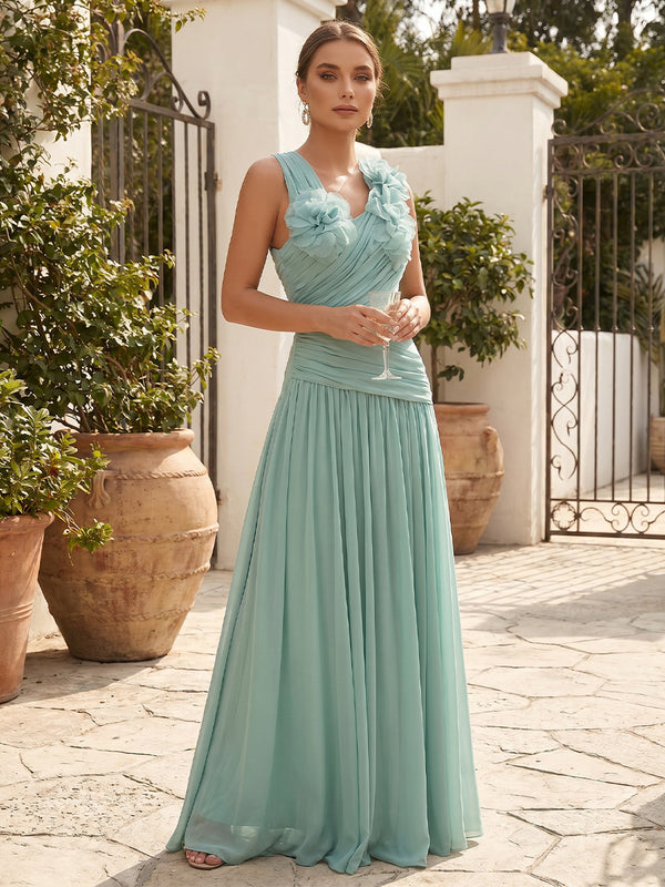 Chiffon A-Line U-Neck Formal Dresses with 3D Flowers