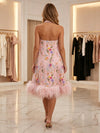 Satin A-Line Halter Formal Dresses with Floral Embroidery