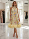 Satin A-Line Halter Formal Dresses with Floral Embroidery
