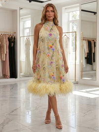 Satin A-Line Halter Formal Dresses with Floral Embroidery