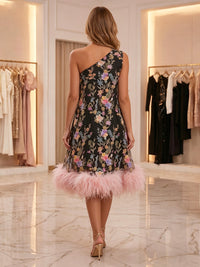 Satin A-Line One Shoulder Formal Dresses with Floral Embroidery