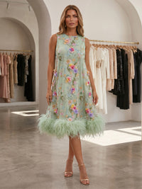 Satin A-Line Crew Neck Formal Dresses with Floral Embroidery