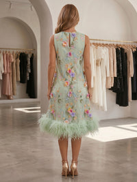 Satin A-Line Crew Neck Formal Dresses with Floral Embroidery