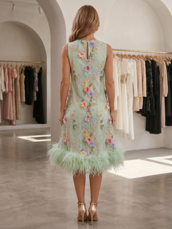 Satin A-Line Crew Neck Formal Dresses with Floral Embroidery