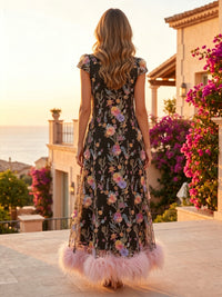 Satin A-Line High Neck Formal Dresses with Floral Embroidery