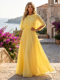 Chiffon A-Line Crew Neck Formal Dresses with 3D Flowers