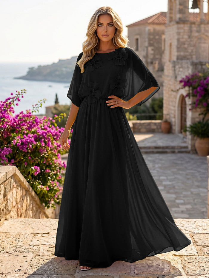 Chiffon A-Line Crew Neck Formal Dresses with 3D Flowers