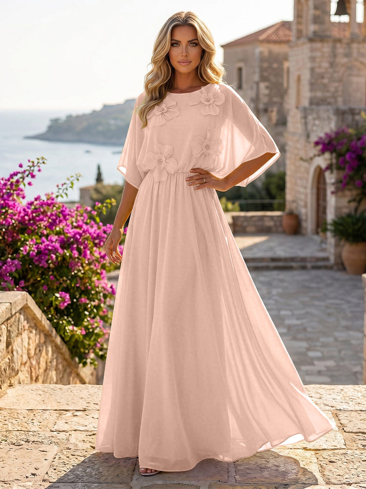 Chiffon A-Line Crew Neck Formal Dresses with 3D Flowers