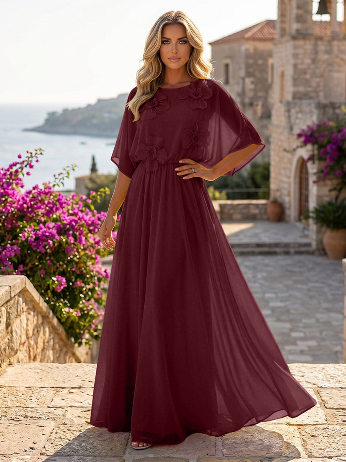 Chiffon A-Line Crew Neck Formal Dresses with 3D Flowers