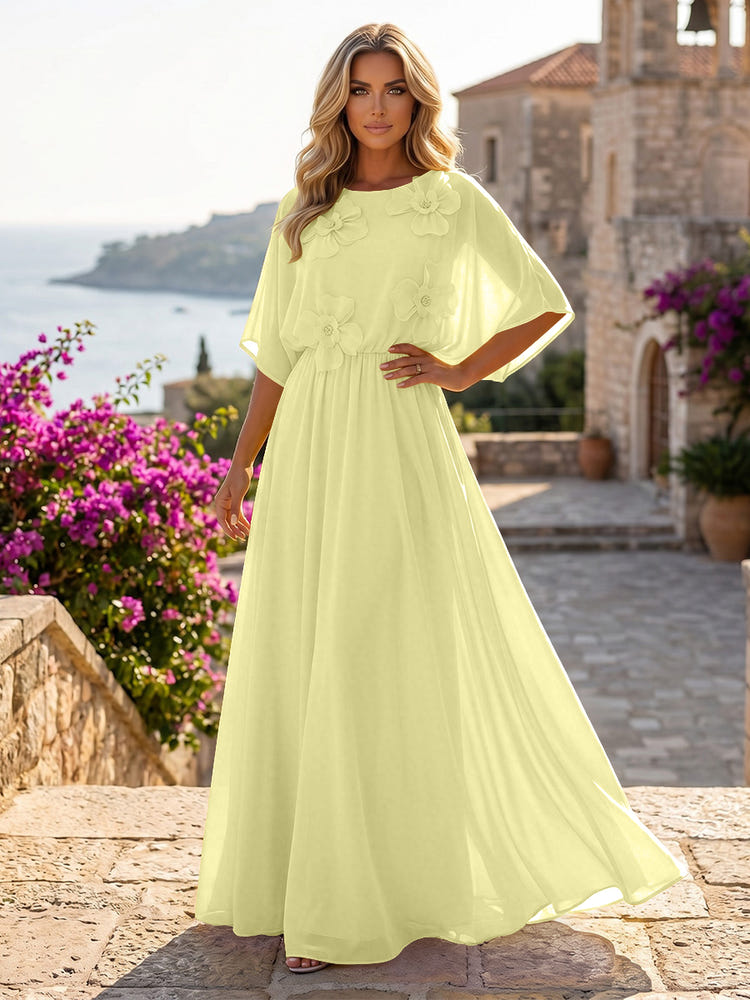 Chiffon A-Line Crew Neck Formal Dresses with 3D Flowers