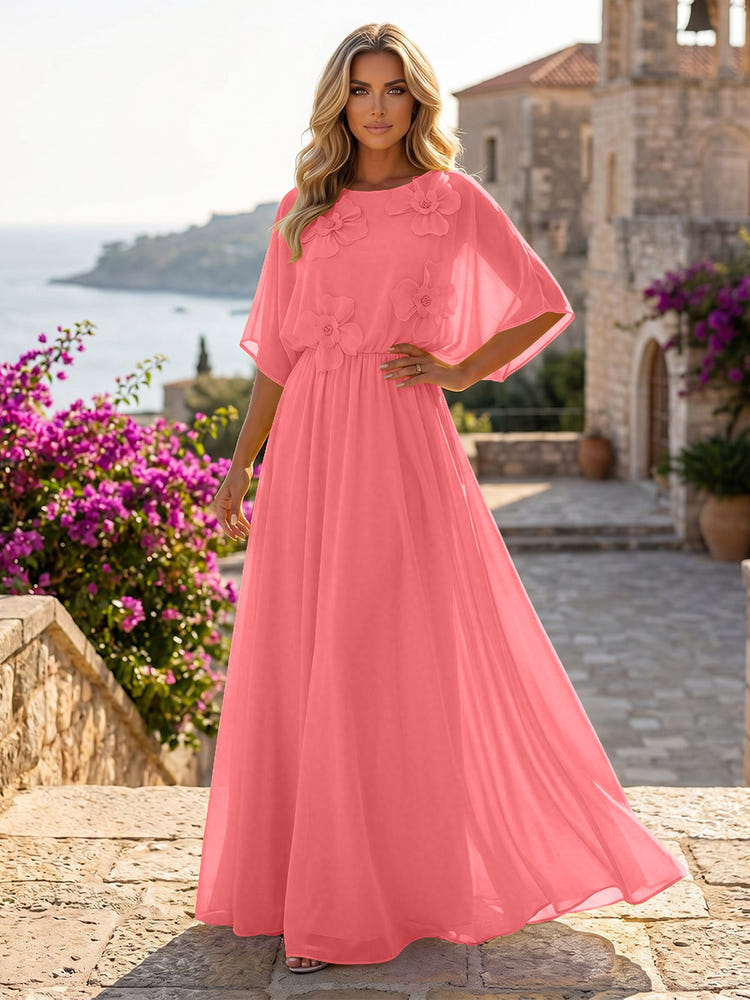 Chiffon A-Line Crew Neck Formal Dresses with 3D Flowers