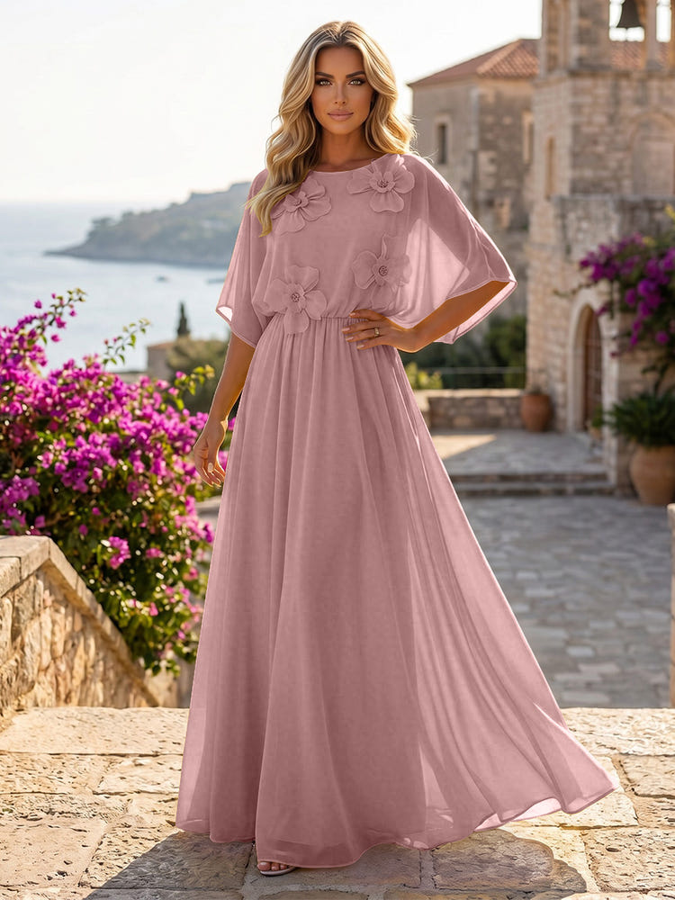 Chiffon A-Line Crew Neck Formal Dresses with 3D Flowers