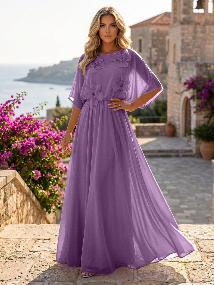 Chiffon A-Line Crew Neck Formal Dresses with 3D Flowers