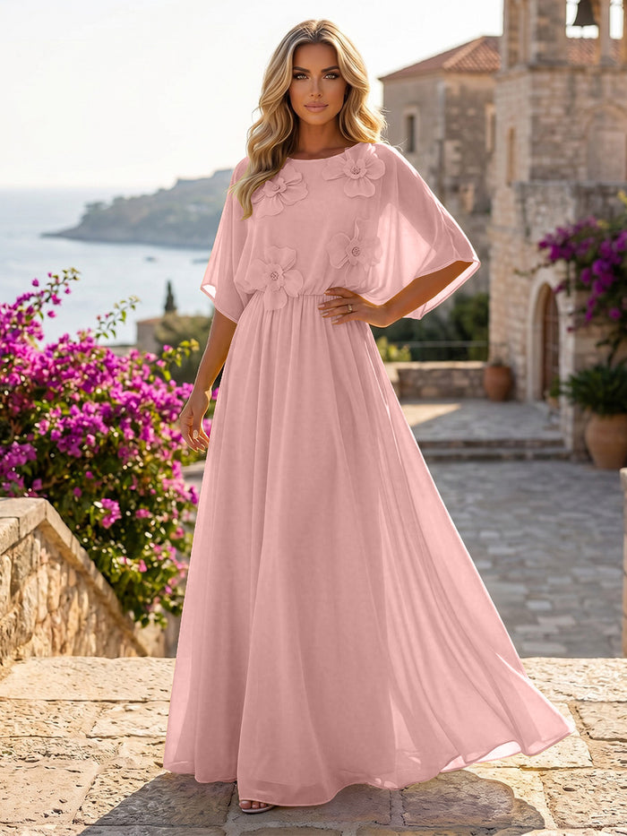 Chiffon A-Line Crew Neck Formal Dresses with 3D Flowers
