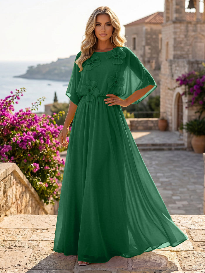 Chiffon A-Line Crew Neck Formal Dresses with 3D Flowers