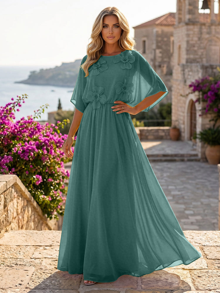 Chiffon A-Line Crew Neck Formal Dresses with 3D Flowers