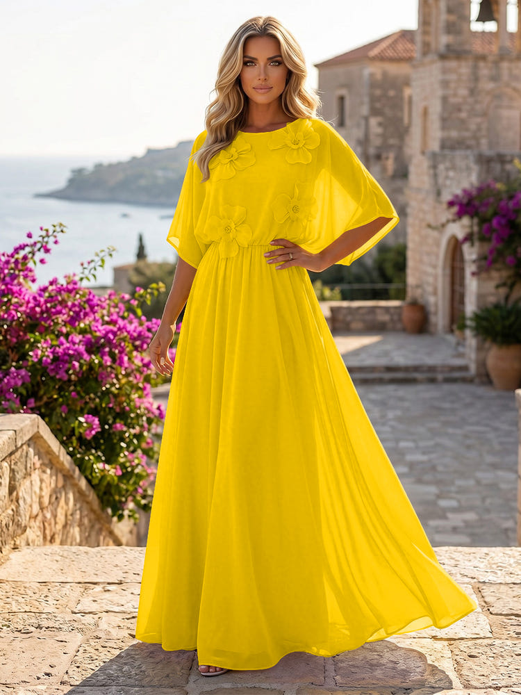 Chiffon A-Line Crew Neck Formal Dresses with 3D Flowers
