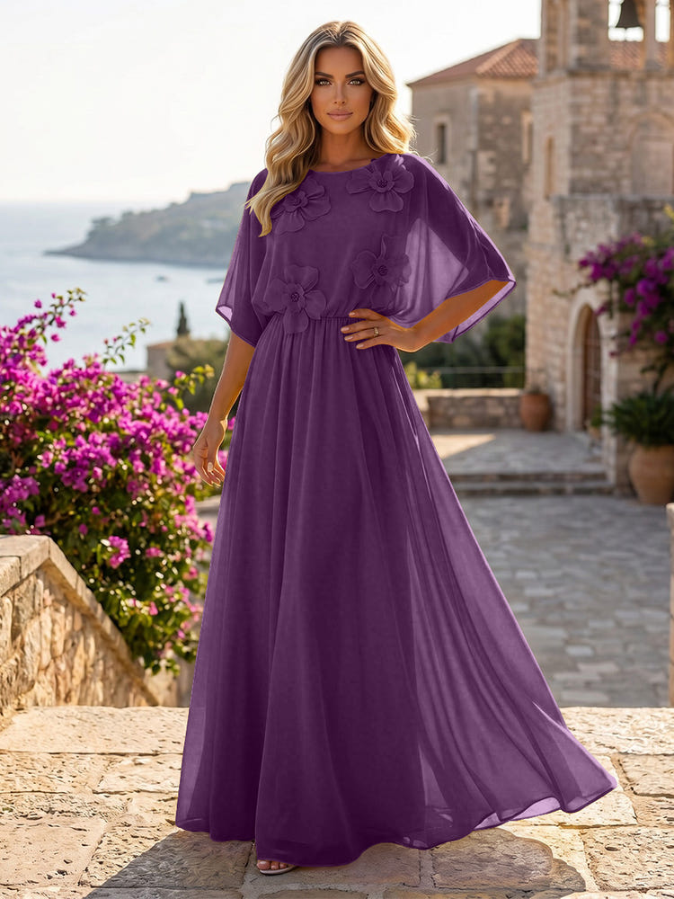 Chiffon A-Line Crew Neck Formal Dresses with 3D Flowers