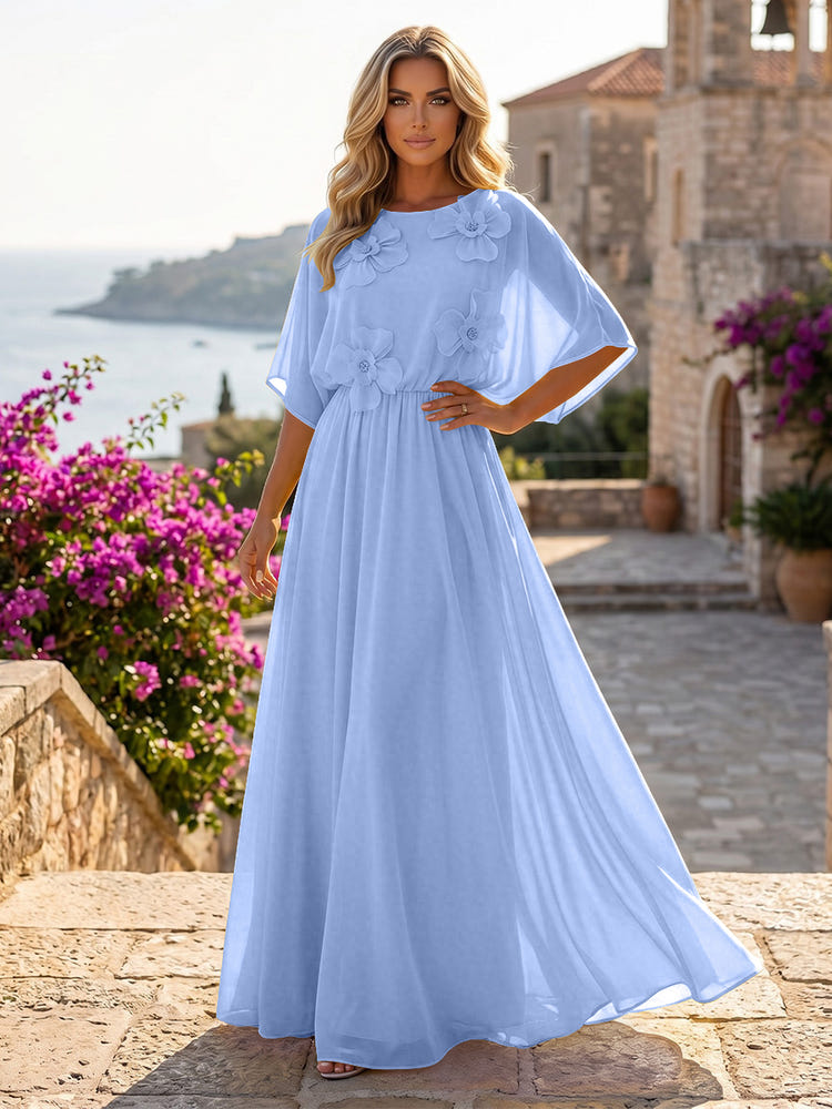 Chiffon A-Line Crew Neck Formal Dresses with 3D Flowers