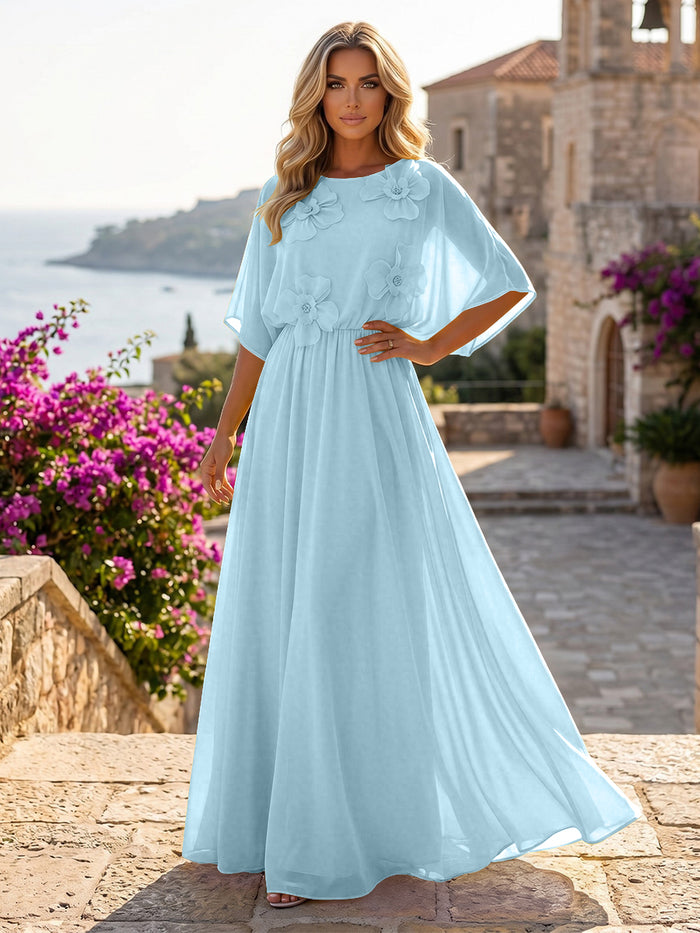 Chiffon A-Line Crew Neck Formal Dresses with 3D Flowers