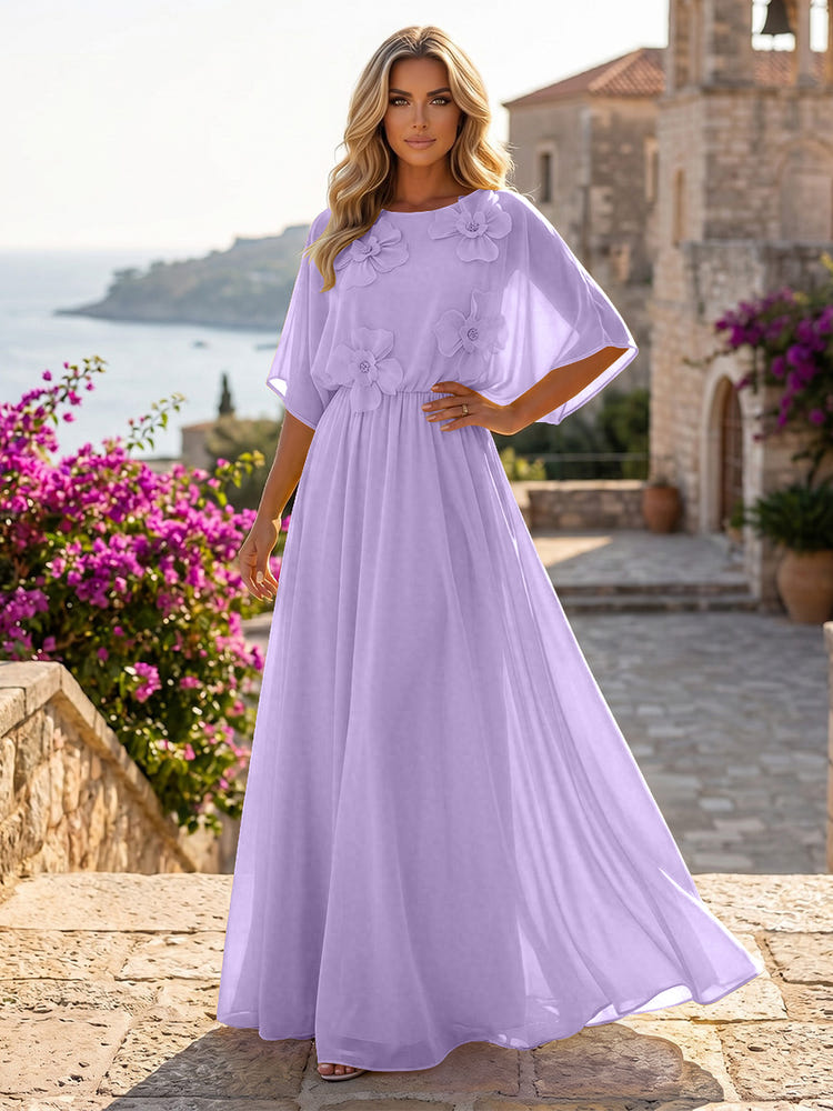 Chiffon A-Line Crew Neck Formal Dresses with 3D Flowers
