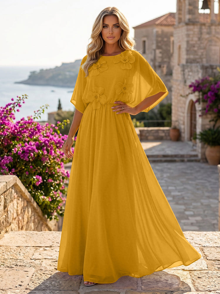 Chiffon A-Line Crew Neck Formal Dresses with 3D Flowers