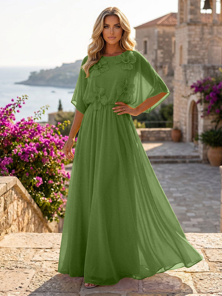 Chiffon A-Line Crew Neck Formal Dresses with 3D Flowers